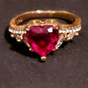 Heart-Shaped Simulated Ruby Ring Chrystal Accents Gold Tone  925 Sterling Band